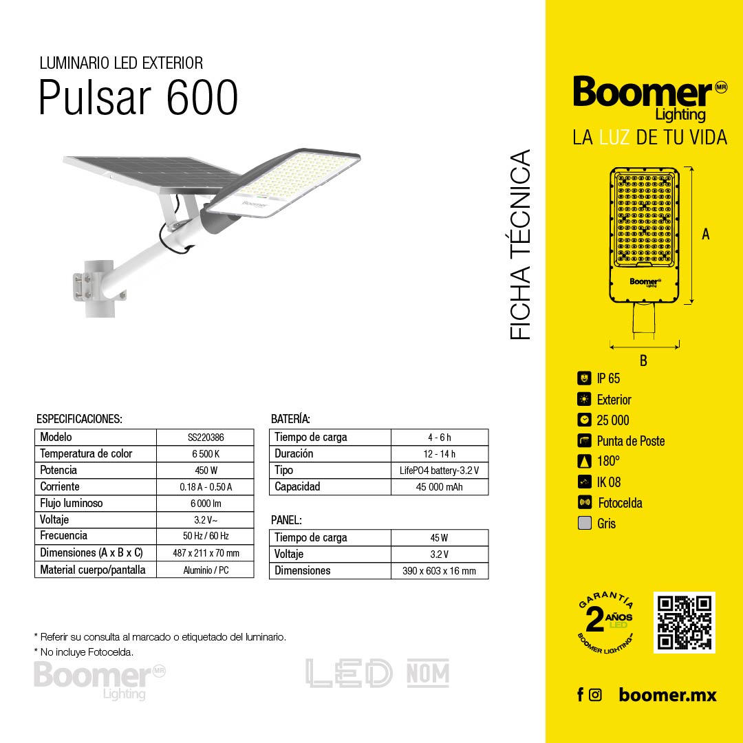 LUMINARIA EXTERIOR CON PANEL SOLAR PULSAR 6000, 200W, LUZ FRÍA