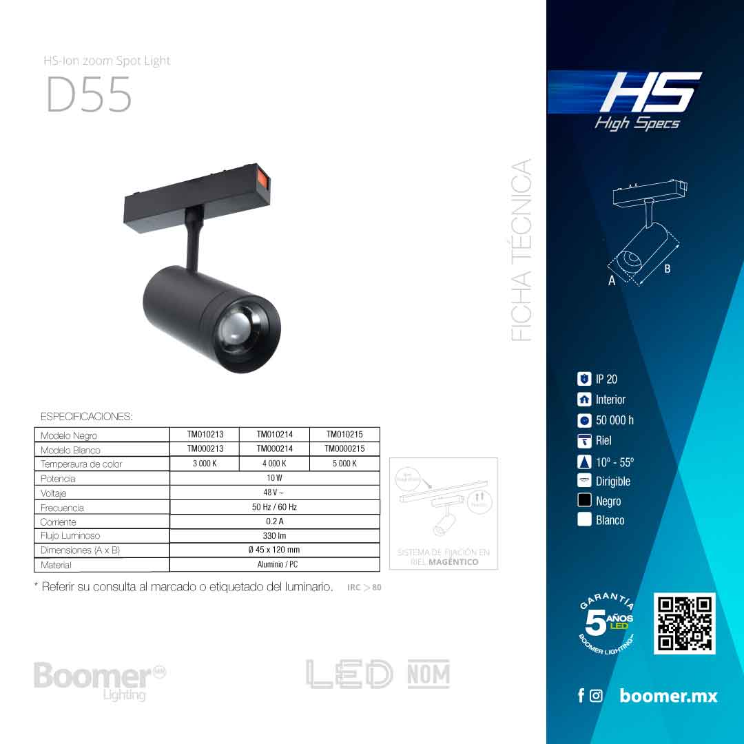 LUMINARIO HS-ION SPOT LIGHT ADJ. BLANCO D55 10W 4000K, 550LM