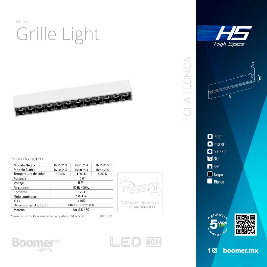 LUMINARIO HS-ION GRILLE LIGHT BLANCO, 12W 5000K, 1080LM