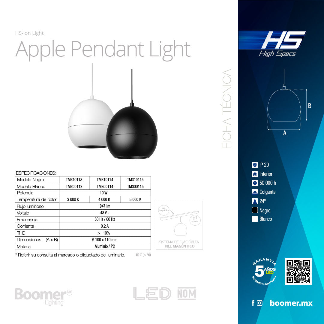 LUMINARIO HS-ION APPLE PENDANT NEGRO, 10W, 5000K, 940LM