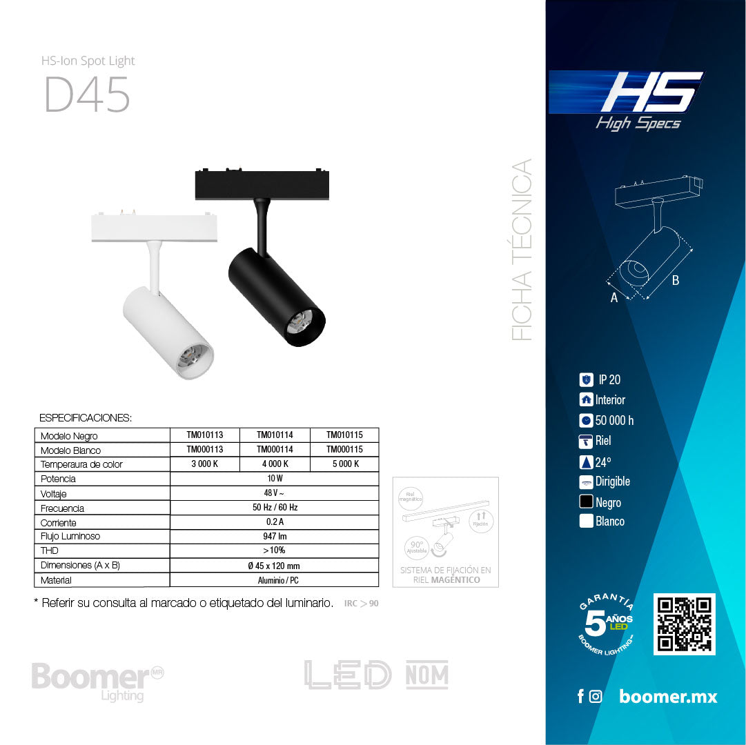 LUMINARIO HS-ION SPOT LIGHT D45 NEGRO 10W, 5000K, 947LM