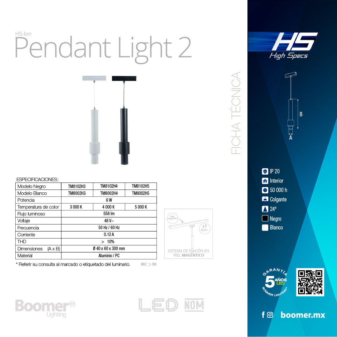 LUMINARIO HS-ION PENDANT D40 M2 NEGRO, 6W, 5000K, 558LM