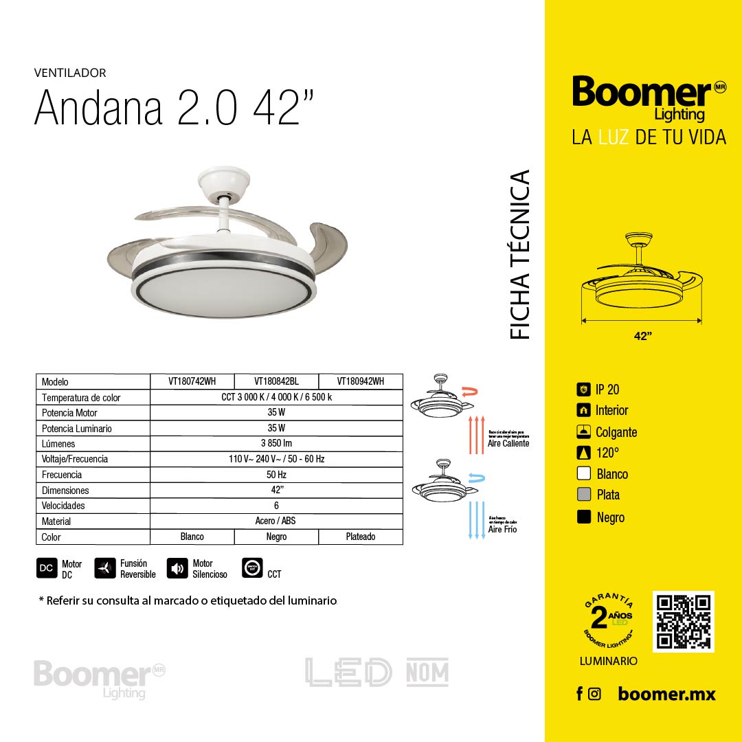 VENTILADOR DE TECHO CON LUZ LED RETRÁCTIL BLANCO 42” CCT 6 VELOCIDADES