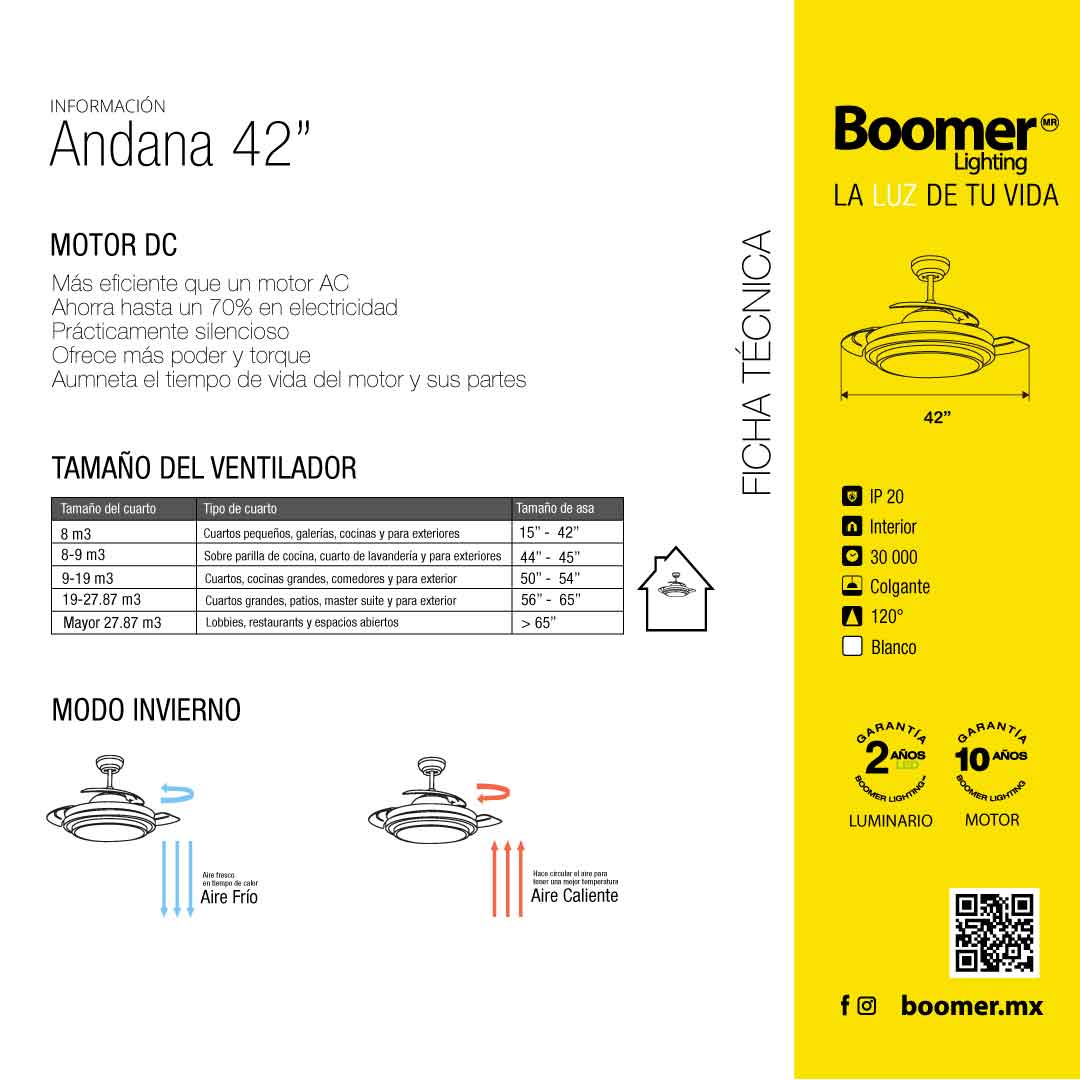 VENTILADOR DE TECHO CON LUZ LED RETRÁCTIL BLANCO 42” CCT 6 VELOCIDADES