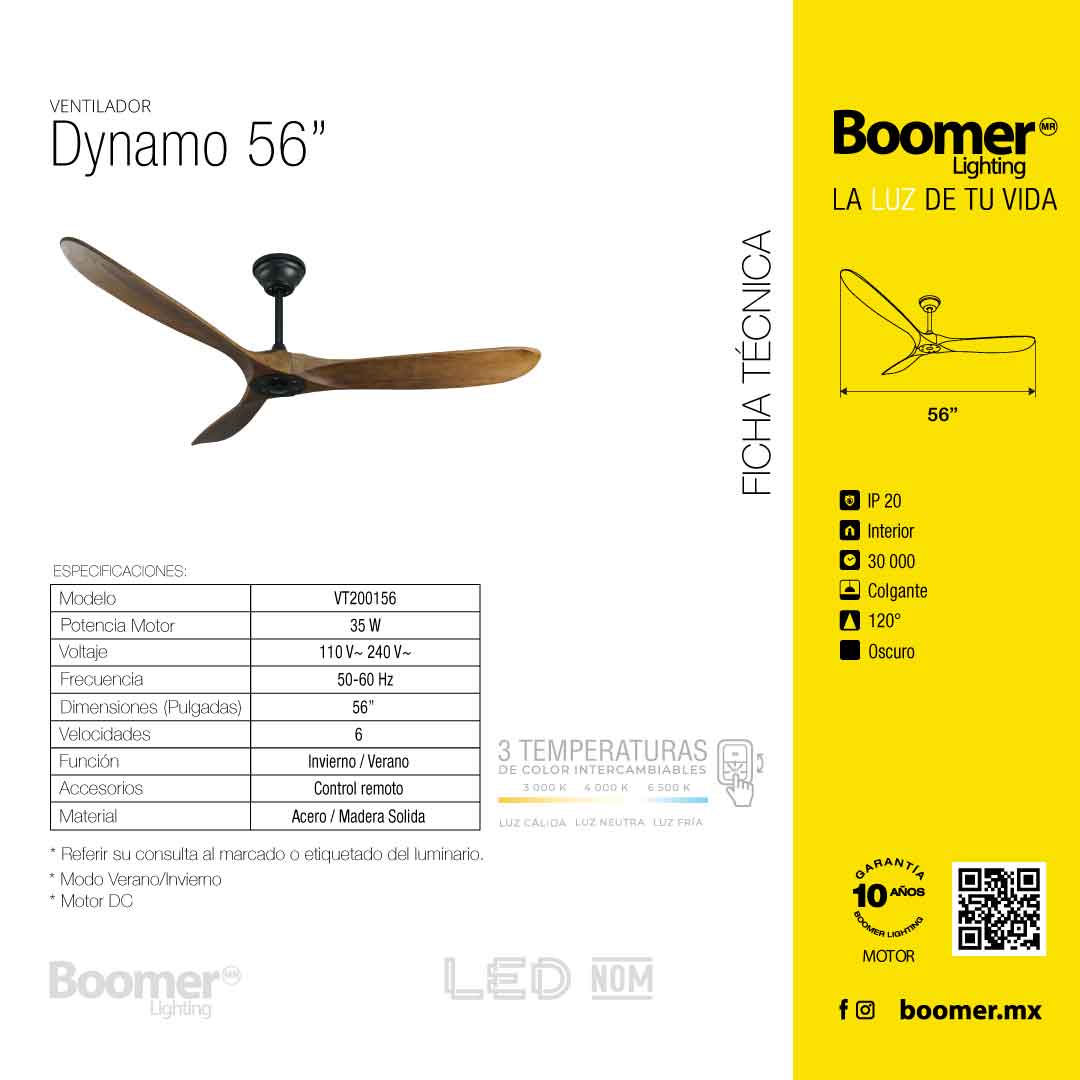 VENTILADOR DE TECHO DYNAMO 56” CON 6 VELOCIDADES Y CONTROL REMOTO