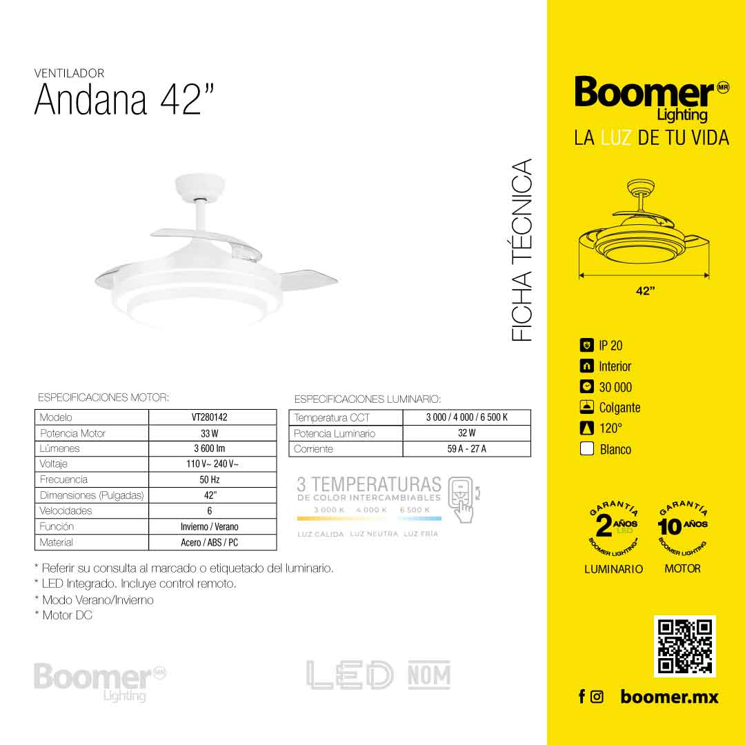 VENTILADOR DE TECHO CON LUZ LED NEGRO AN 42" RETRACTIL, CCT