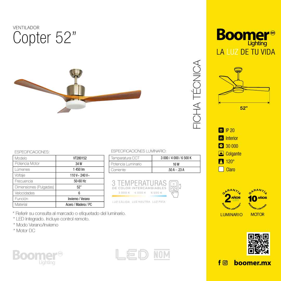 VENTILADOR DE TECHO CON LUZ LED 52" COPTER 6 VELOCIDADES CCT