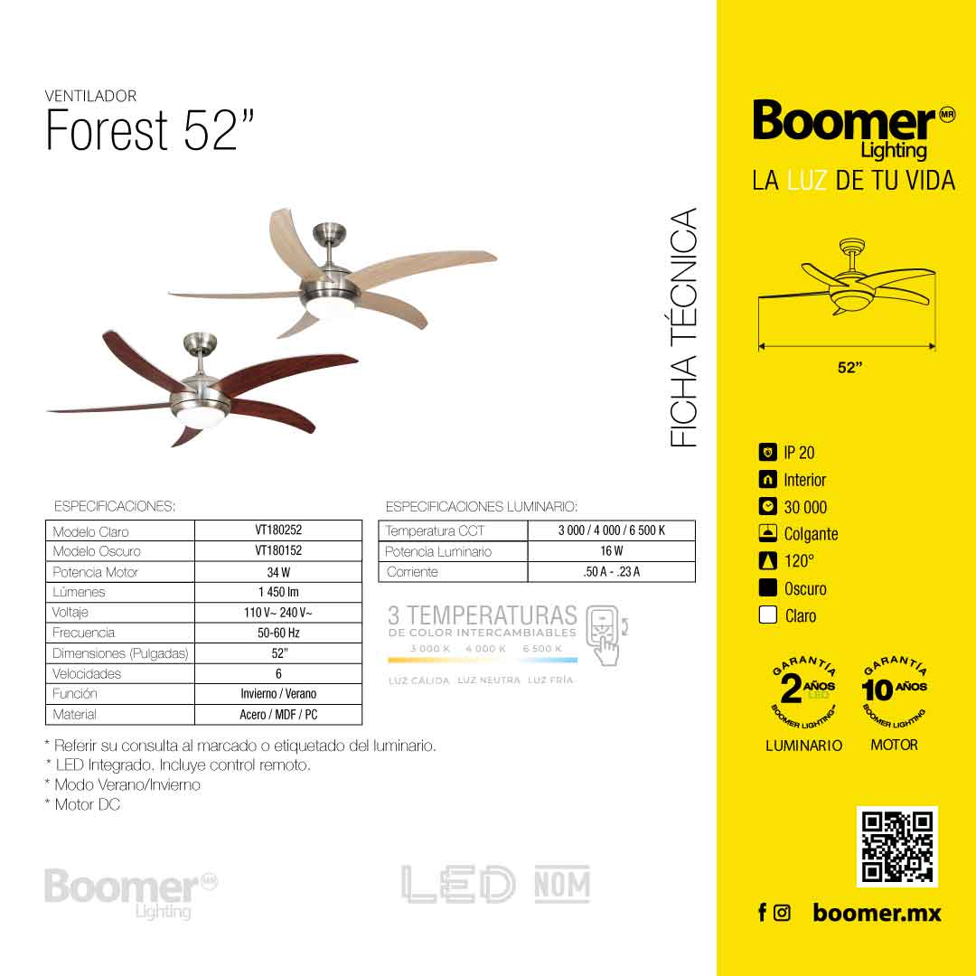 VENTILADOR DE TECHO CON LUZ LED 52" FOREST 6 VELOCIDADES CCT