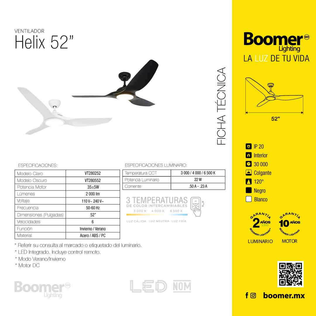 VENTILADOR DE TECHO CON LUZ LED 52" HELIX, 6 VELOCIDADES CCT