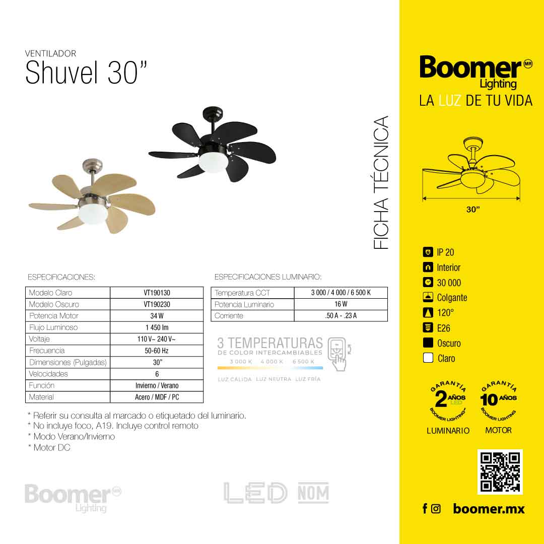 VENTILADOR DE TECHO CON LUZ LED 30" SHUVEL 6 VELOCIDADES CCT