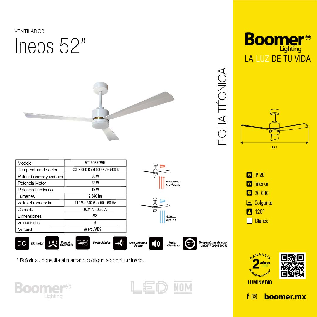 VENTILADOR DE TECHO CON LUZ LED 52" WHITE INEOS 6 VELOCIDADES CCT