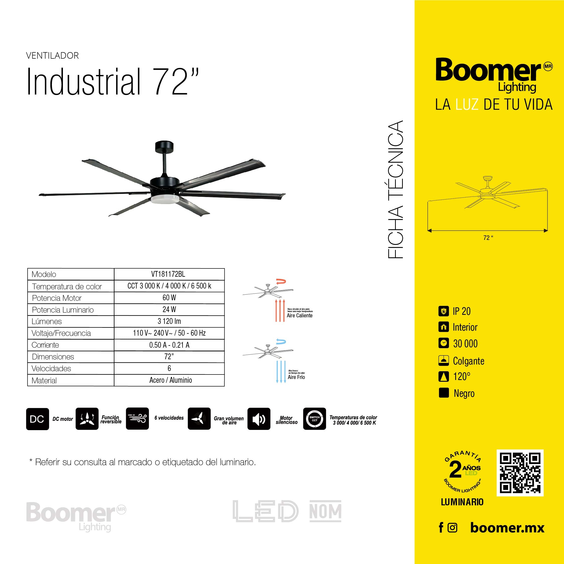 VENTILADOR DE TECHO CON LUZ LED 72" INDUSTRIAL NEGRO 6 VELOCIDADES CCT