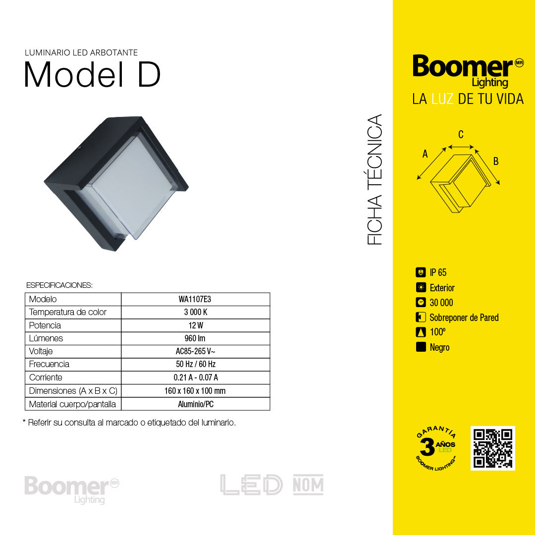 ARBOTANTE PARA PARED D, 12W, LUZ CÁLIDA, 960LM, EXTERIOR