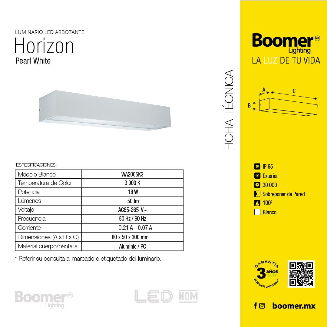 ARBOTANTE PARA PARED H BLANCO 18W LUZ CÁLIDA 900LM, EXTERIOR