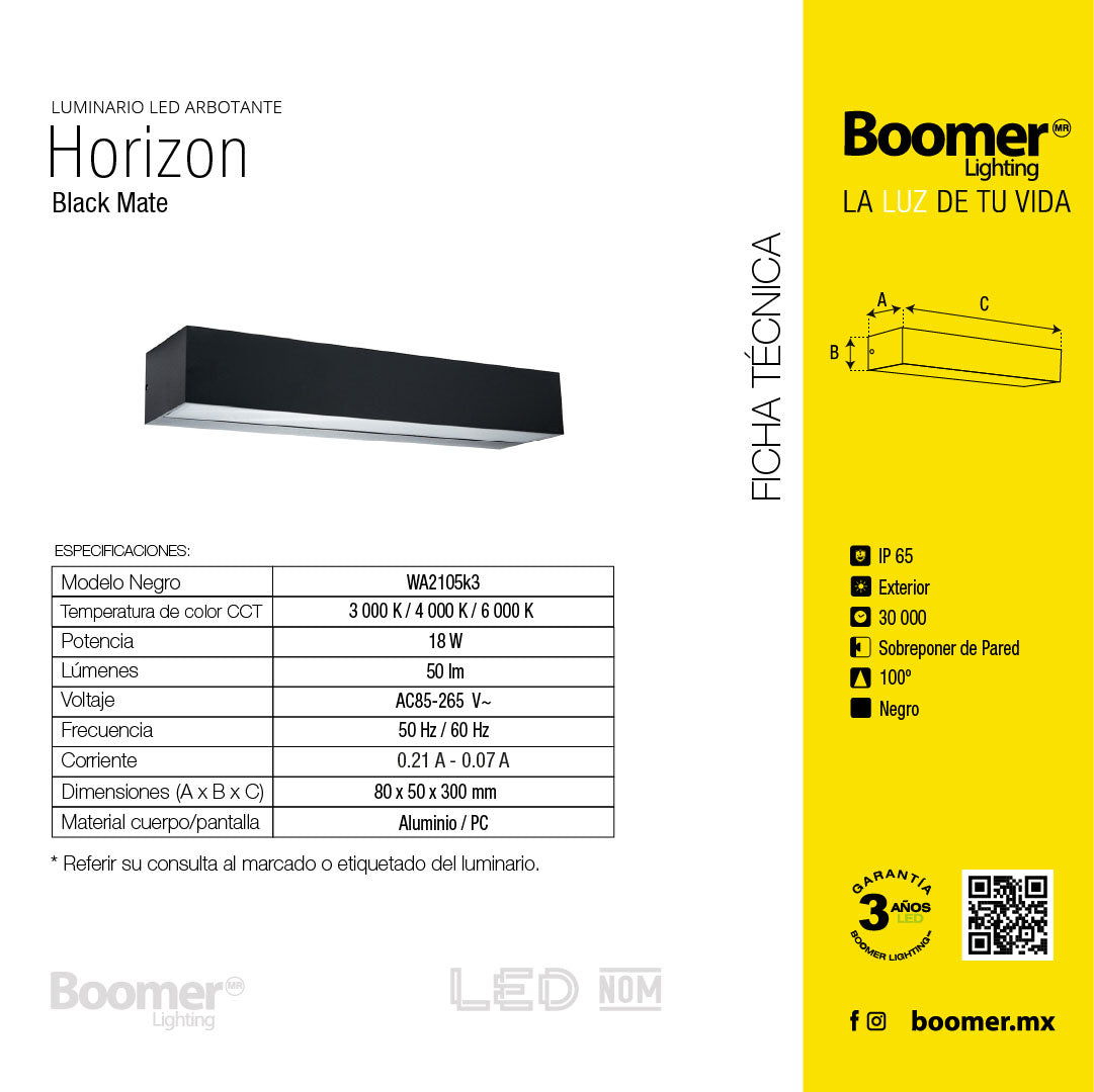 ARBOTANTE PARA PARED H NEGRO 18W LUZ CÁLIDA, 900LM, EXTERIOR