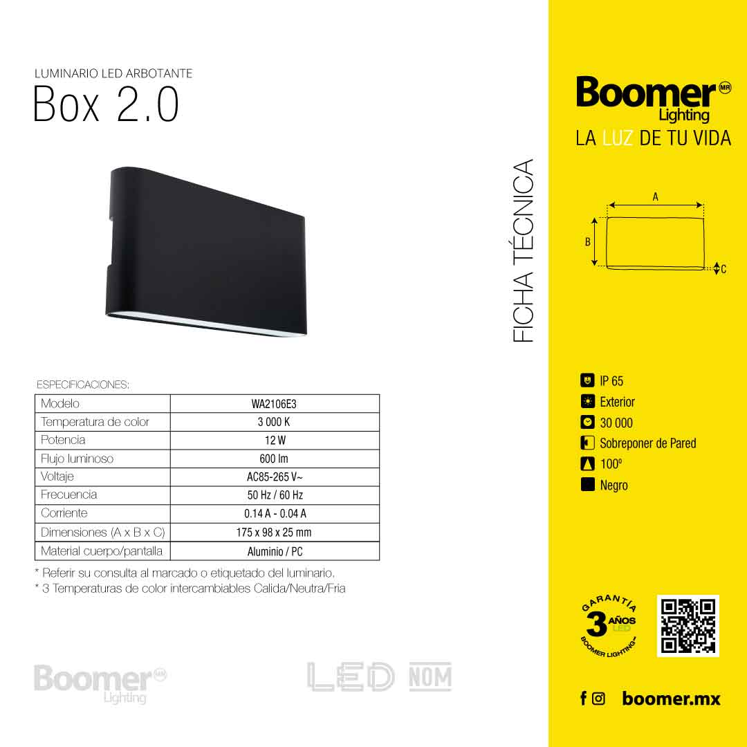 ARBOTANTE PARA PARED BOX 2.0, 12W LUZ CÁLIDA 600LM, EXTERIOR