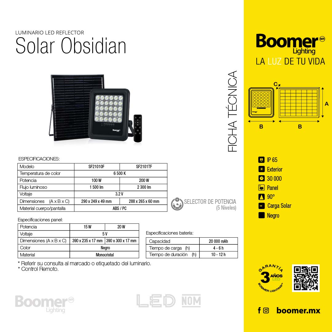 REFLECTOR CON PANEL SOLAR OBSIDIAN, 100W, LUZ FRÍA, 1500LM