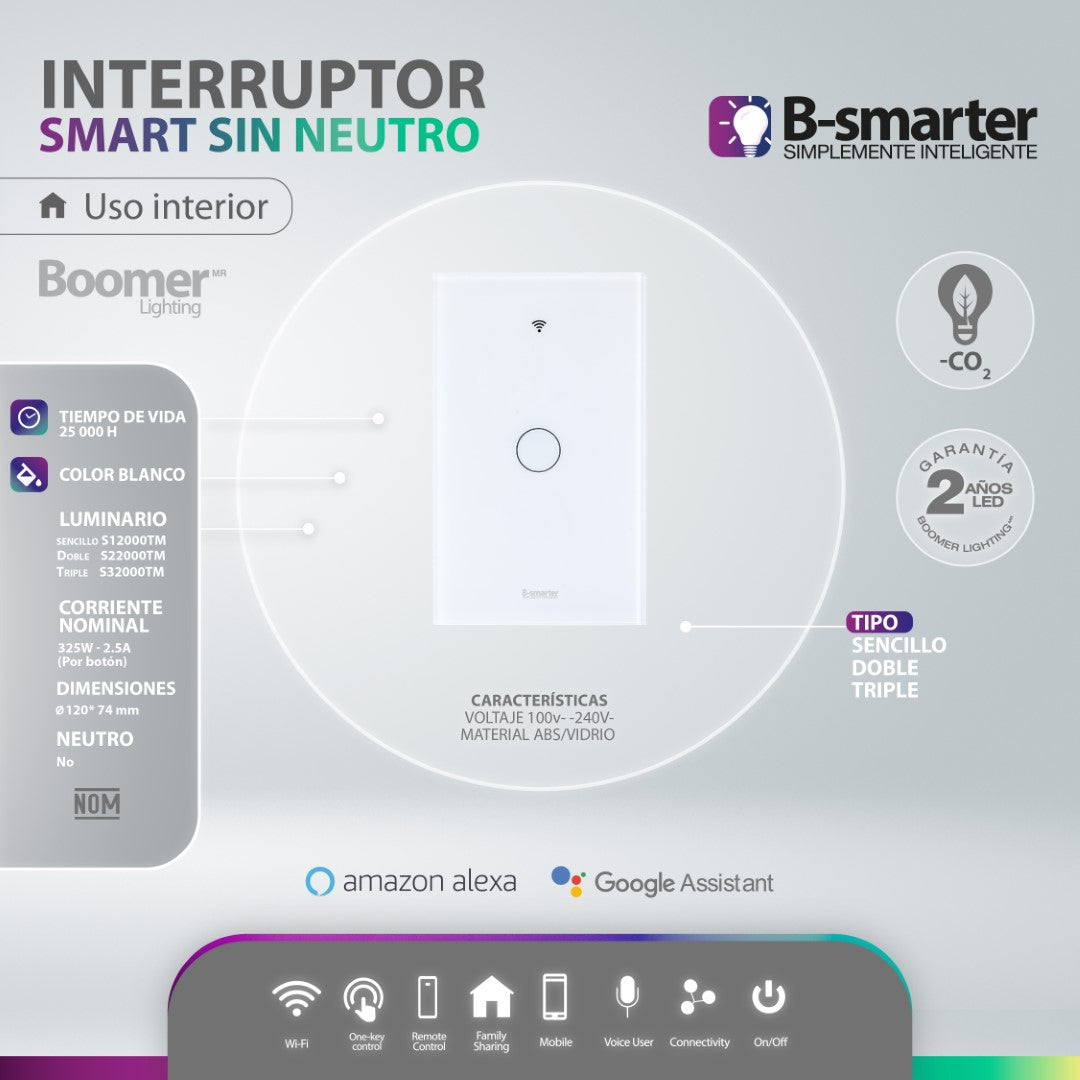 INTERRUPTOR TÁCTIL SMART BLANCO SIN NEUTRO, 1 BOTON, APP