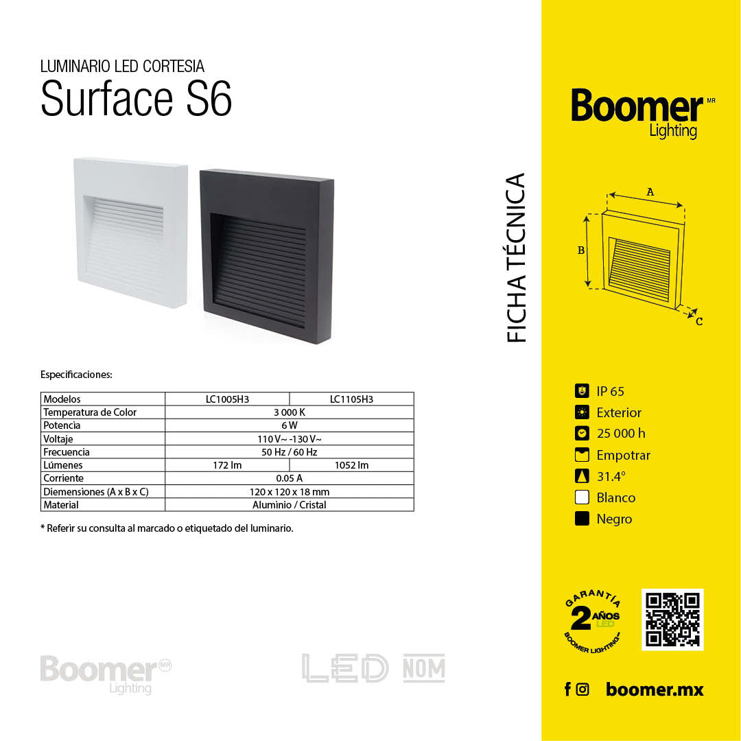 LÁMPARA DE CORTESÍA SOBREPONER NEGRO S6, 6W, 3000K, IP65