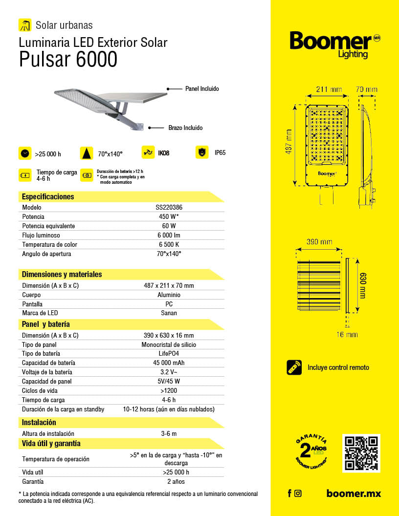 LUMINARIA EXTERIOR CON PANEL SOLAR PULSAR 6000, 450W, LUZ FRÍA