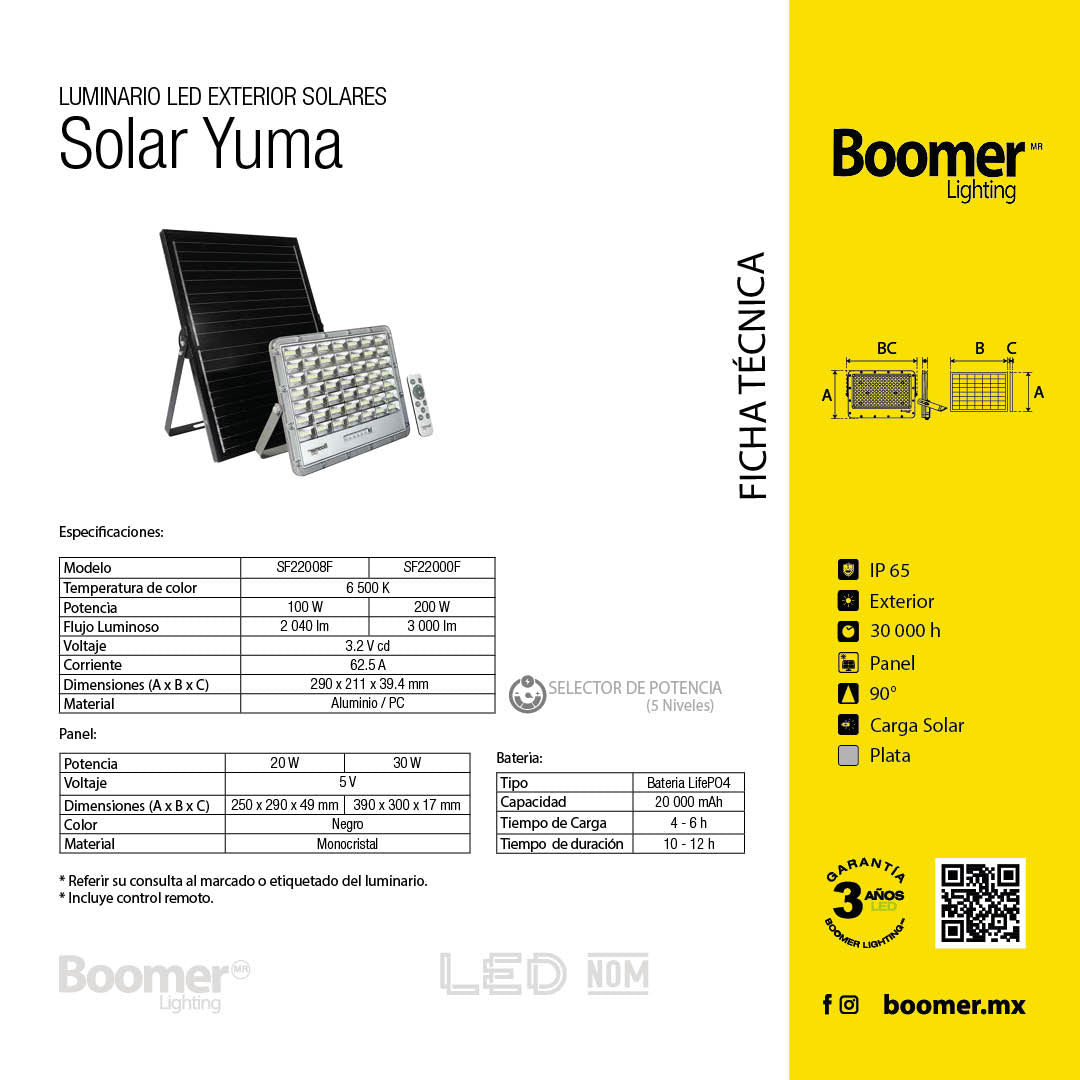 REFLECTOR CON PANEL SOLAR YUMA, 200W, LUZ FRÍA, CON CONTROL