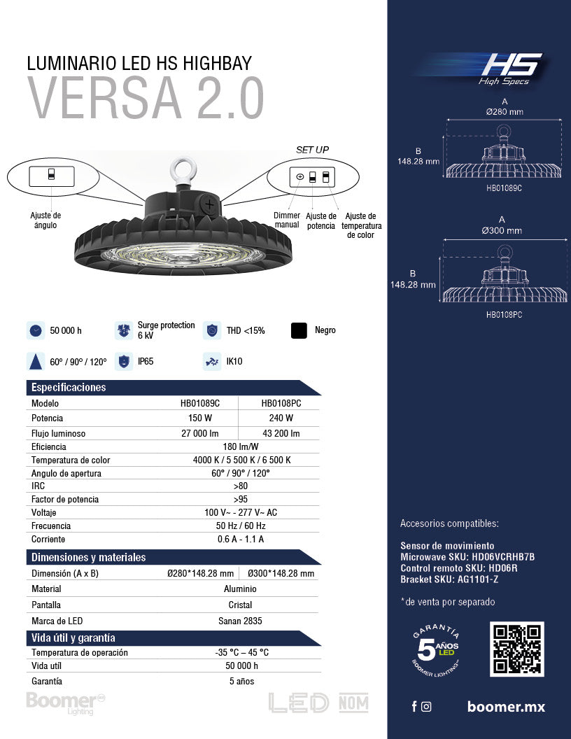 LÁMPARA CAMPANA INDUSTRIAL UFO LED VERSA 240W CCT AJUSTABLE