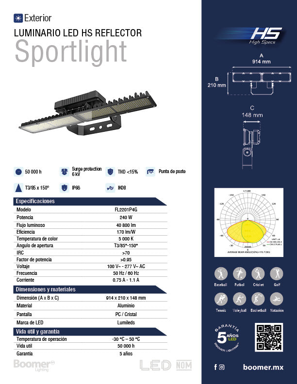 LUMINARIO LED PARA CANCHA DE PÁDEL 240W 5700K 40 000 LM IP66