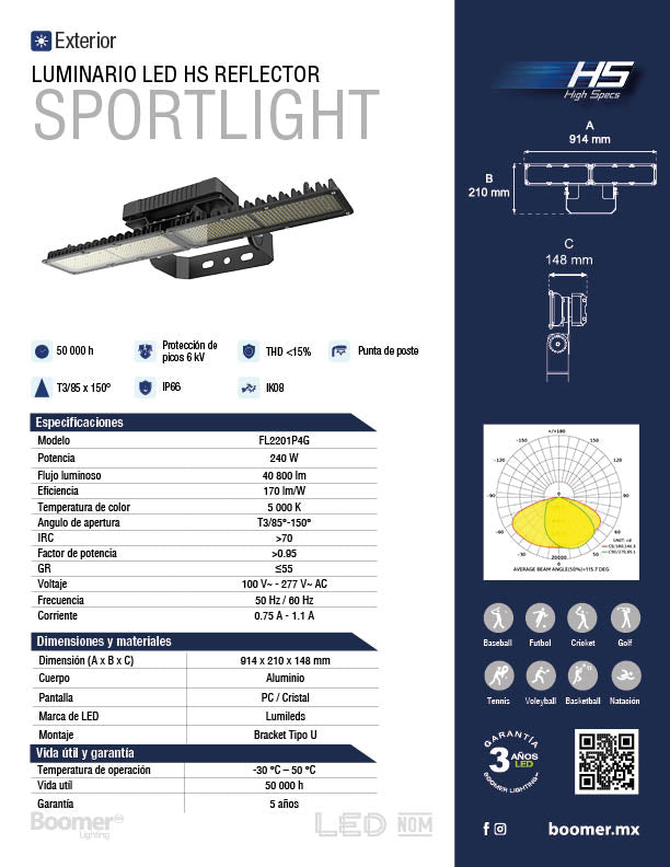 LUMINARIO LED PARA CANCHA DE PÁDEL 240W 5700K 40 000 LM IP66