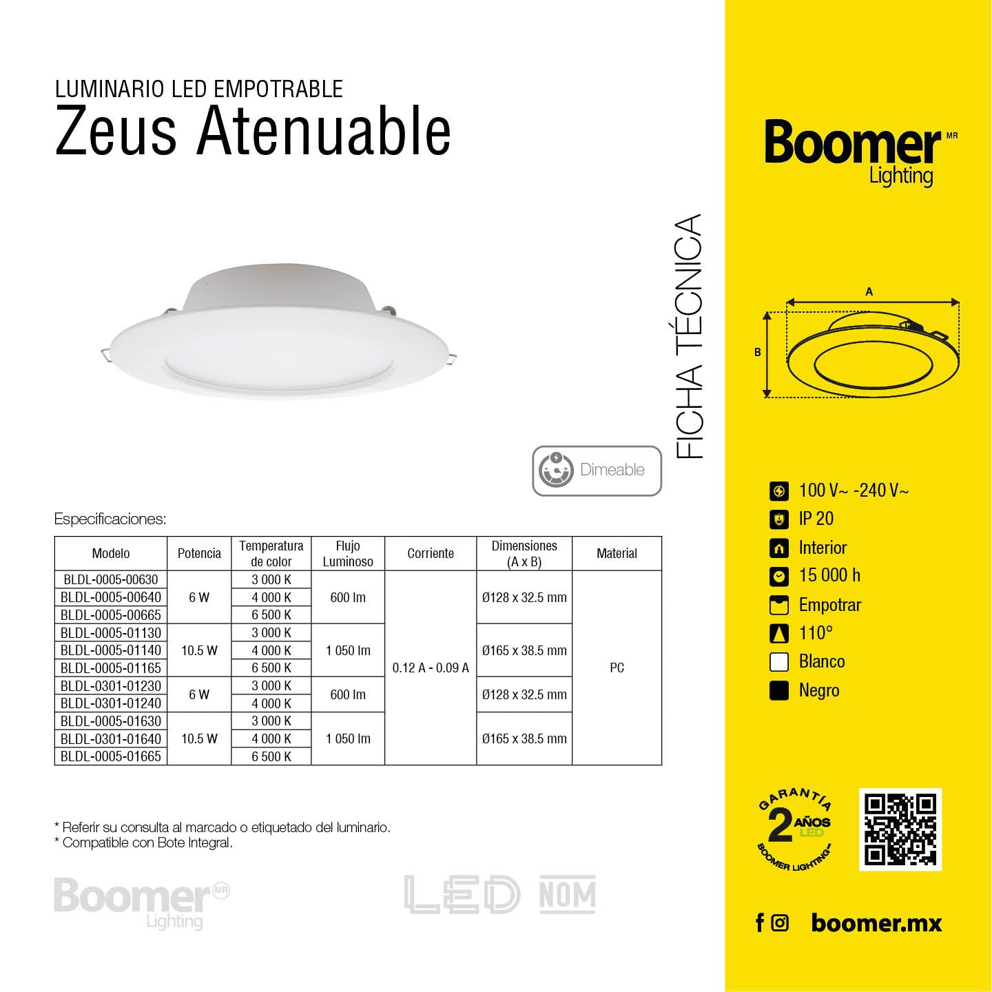 EMPOTRABLE NEGRO 10.5W ATENUABLE LUZ FRÍA PARA BOTE 1050LM