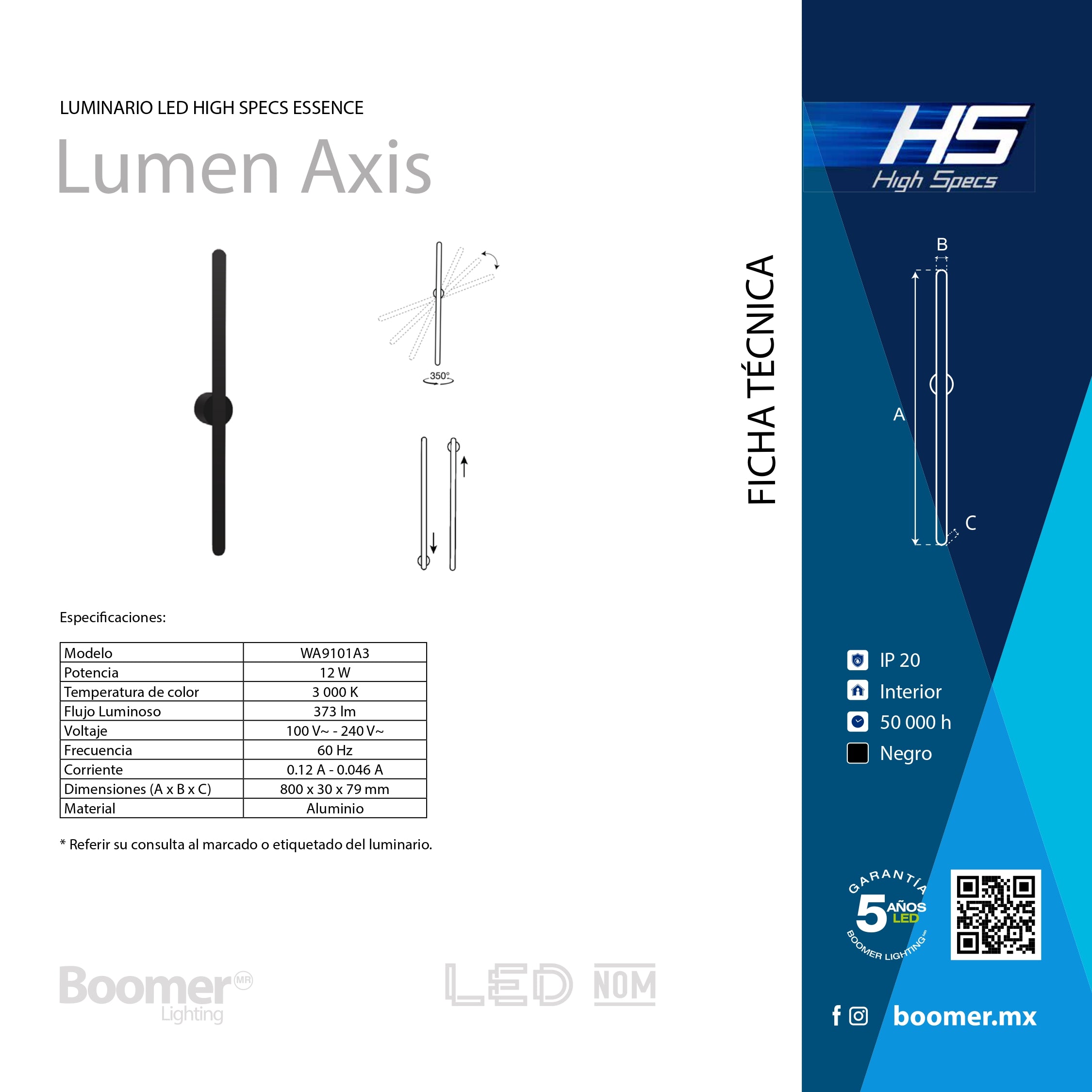 ARBOTANTE NEGRO AXIS PARA PARED 12W, LUZ CÁLIDA, 822 LM