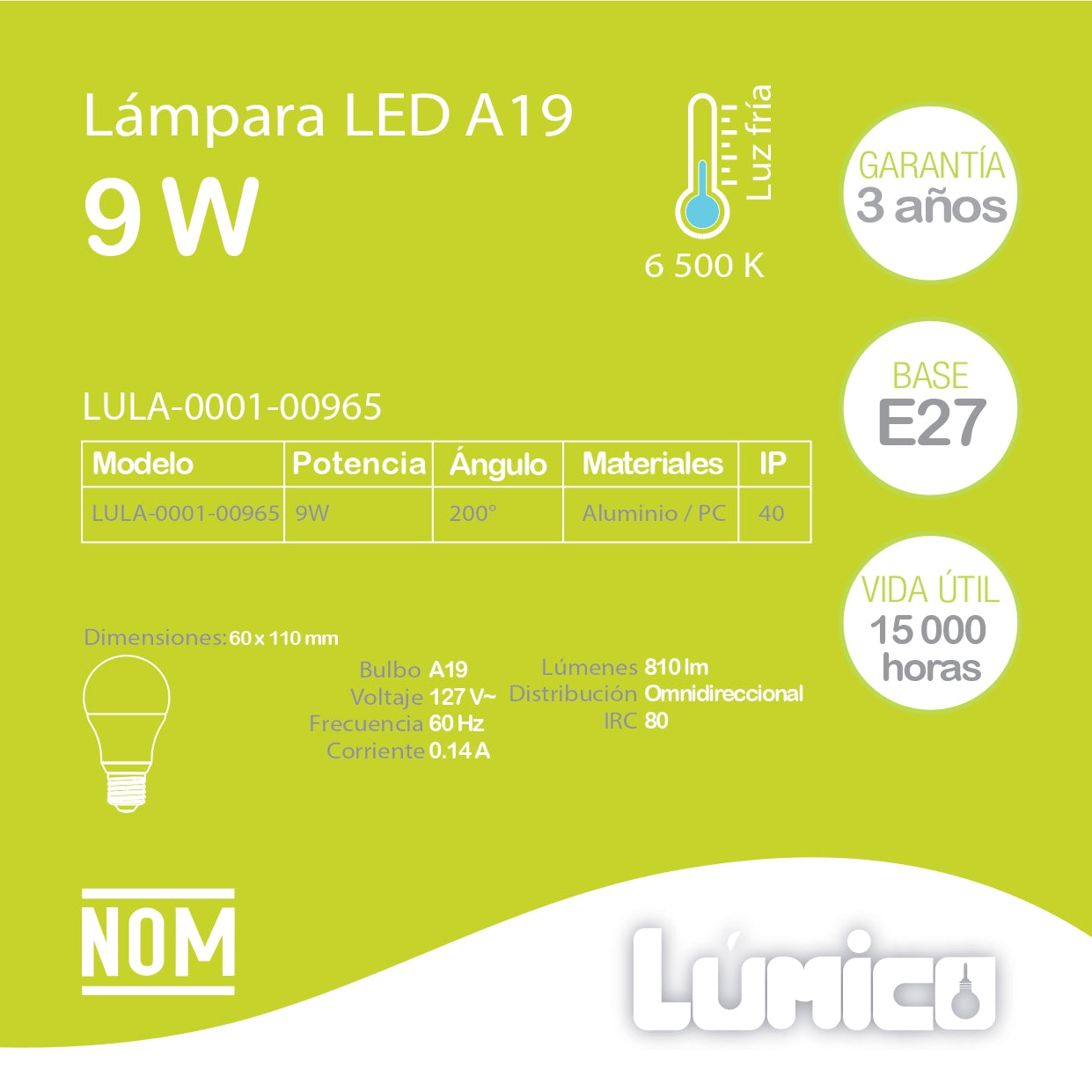 PAQUETE DE 5 FOCOS LED LÚMICO, A19, 9W, LUZ FRÍA, 810 LM, BASE E27