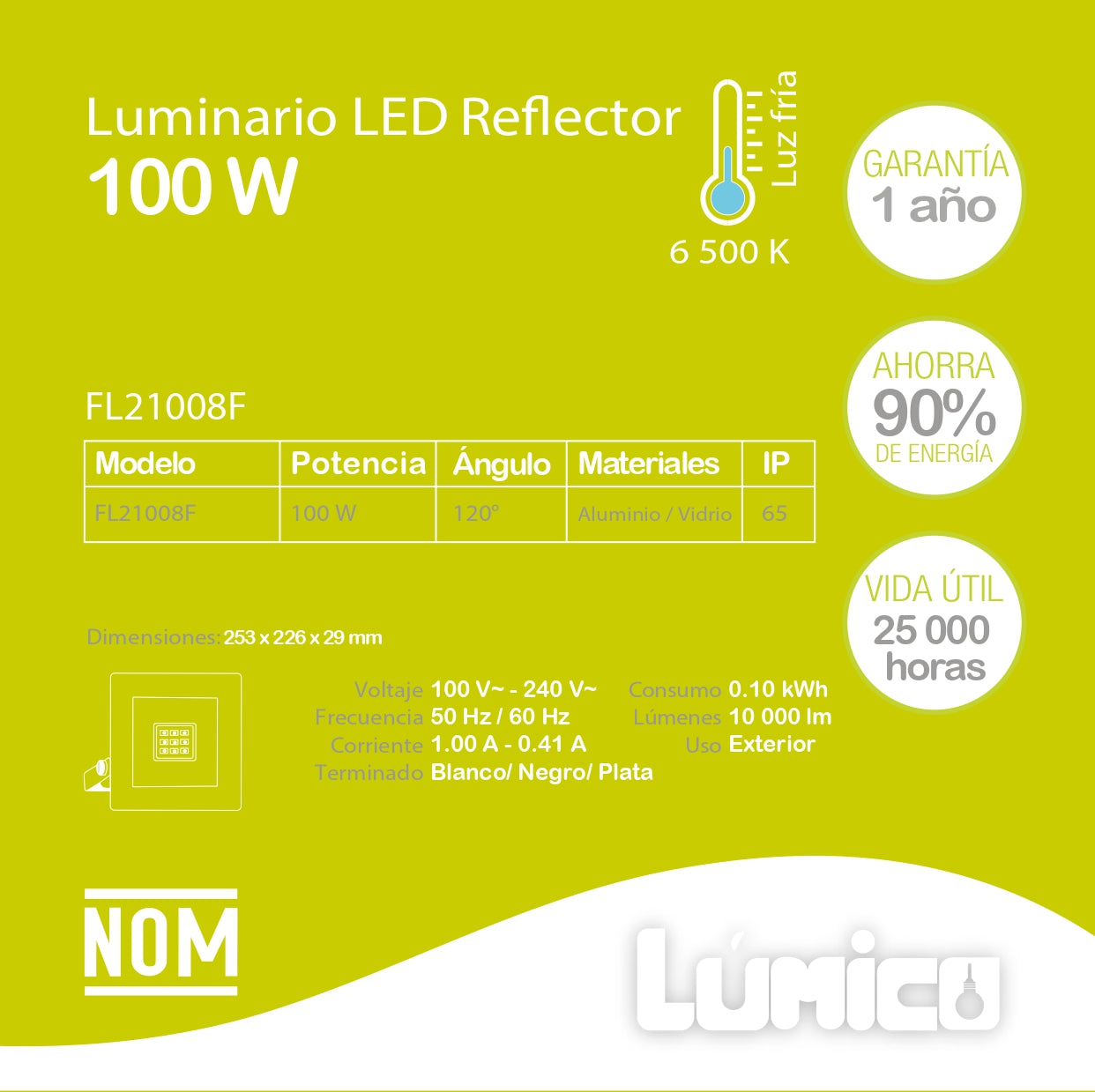 REFLECTOR LED LÚMICO, 100 W, 6500 K, IP 65, NEGRO