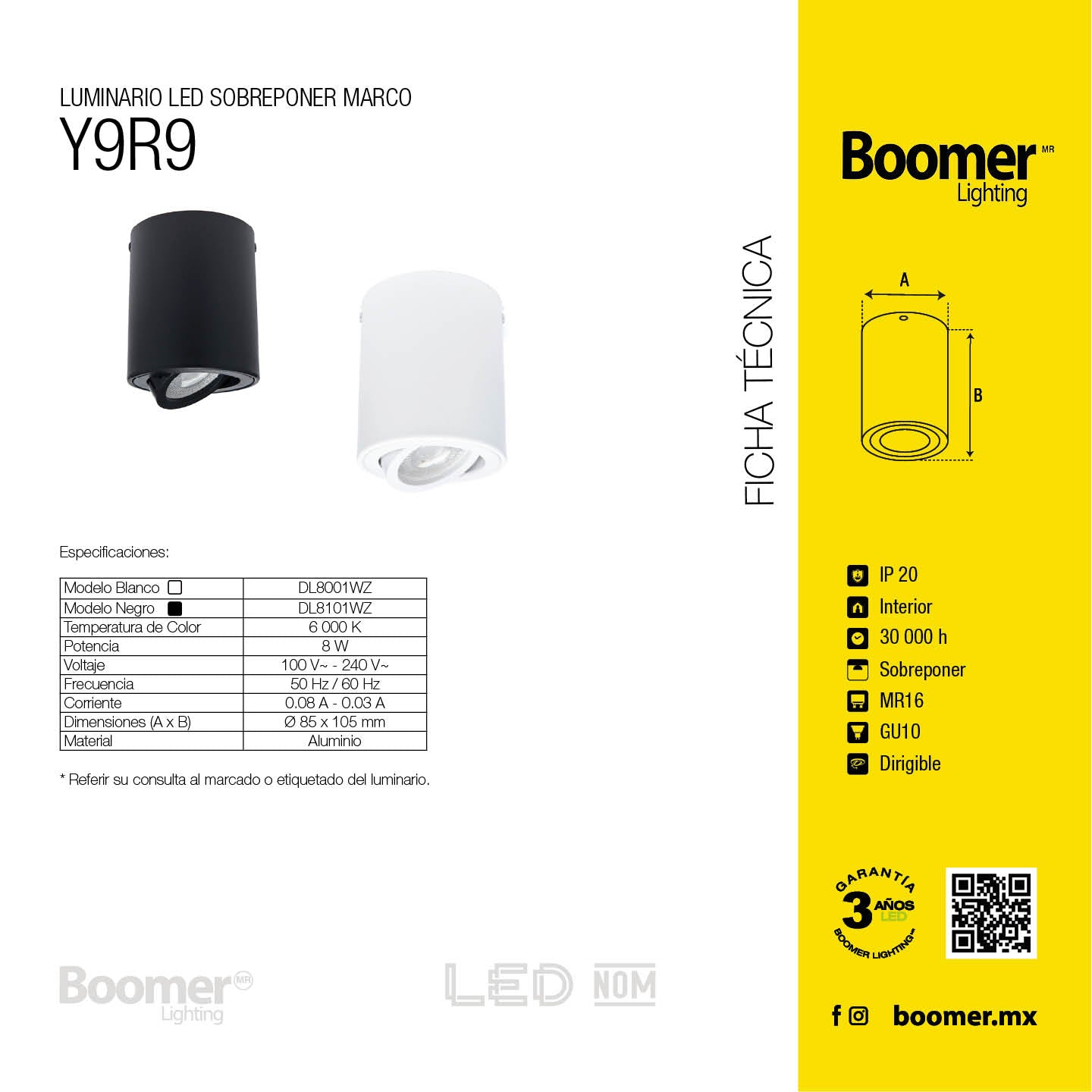 MARCO SOBREPONER BLANCO Y9R9, FOCO LED, 6.5W, BASE MR16