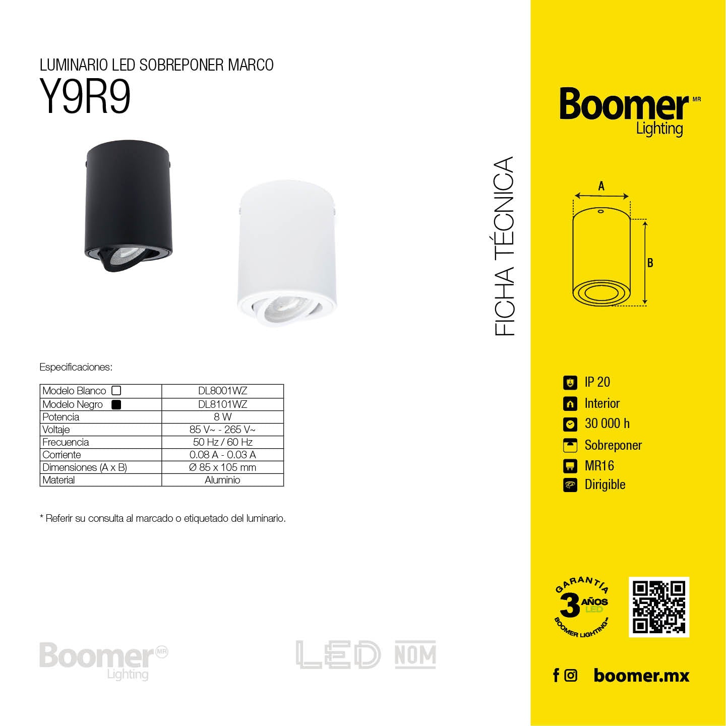 MARCO SOBREPONER NEGRO Y9R9, FOCO LED, 6.5W, BASE MR16