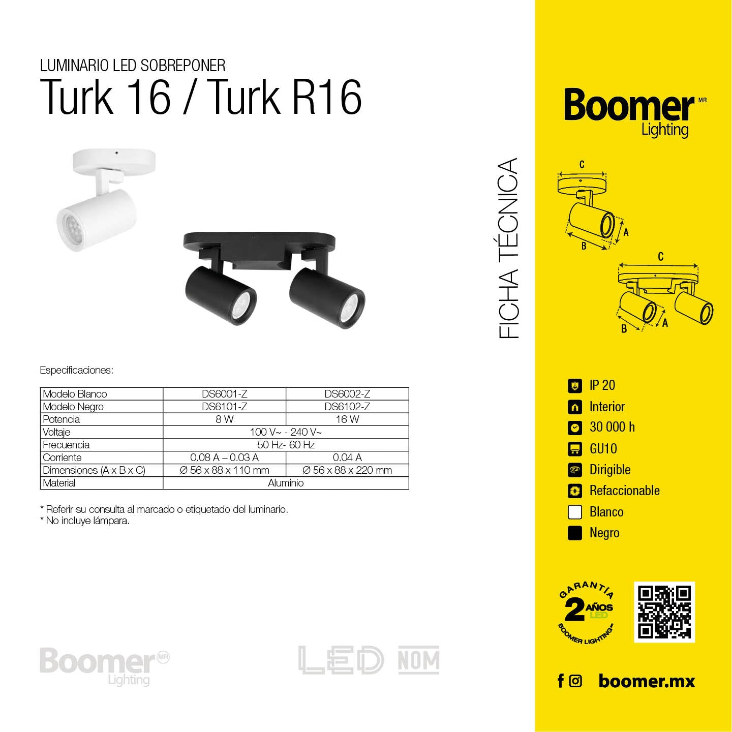 Lámpara de Sobreponer Doble Dirigible TURK Negro 16W, Base GU10