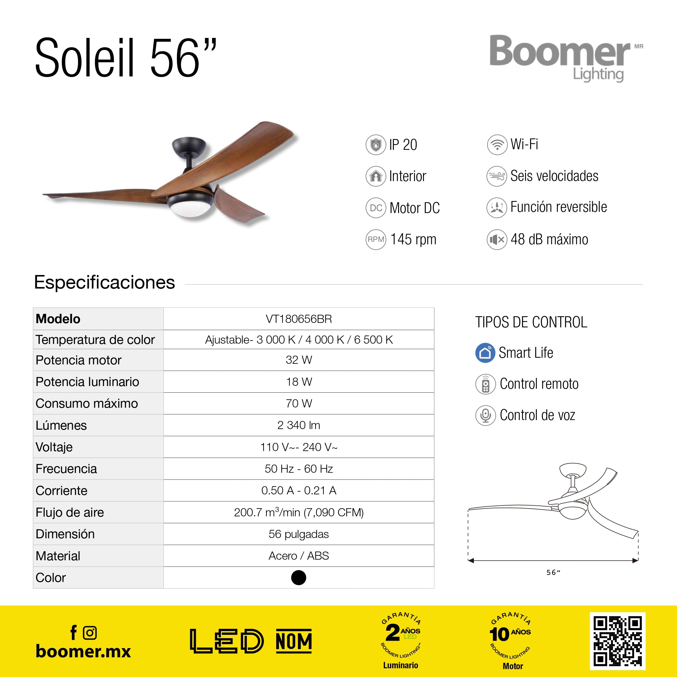 VENTILADOR DE TECHO CON LUZ LED 56" BLACK SOLEIL 6 VELOCIDADES CCT