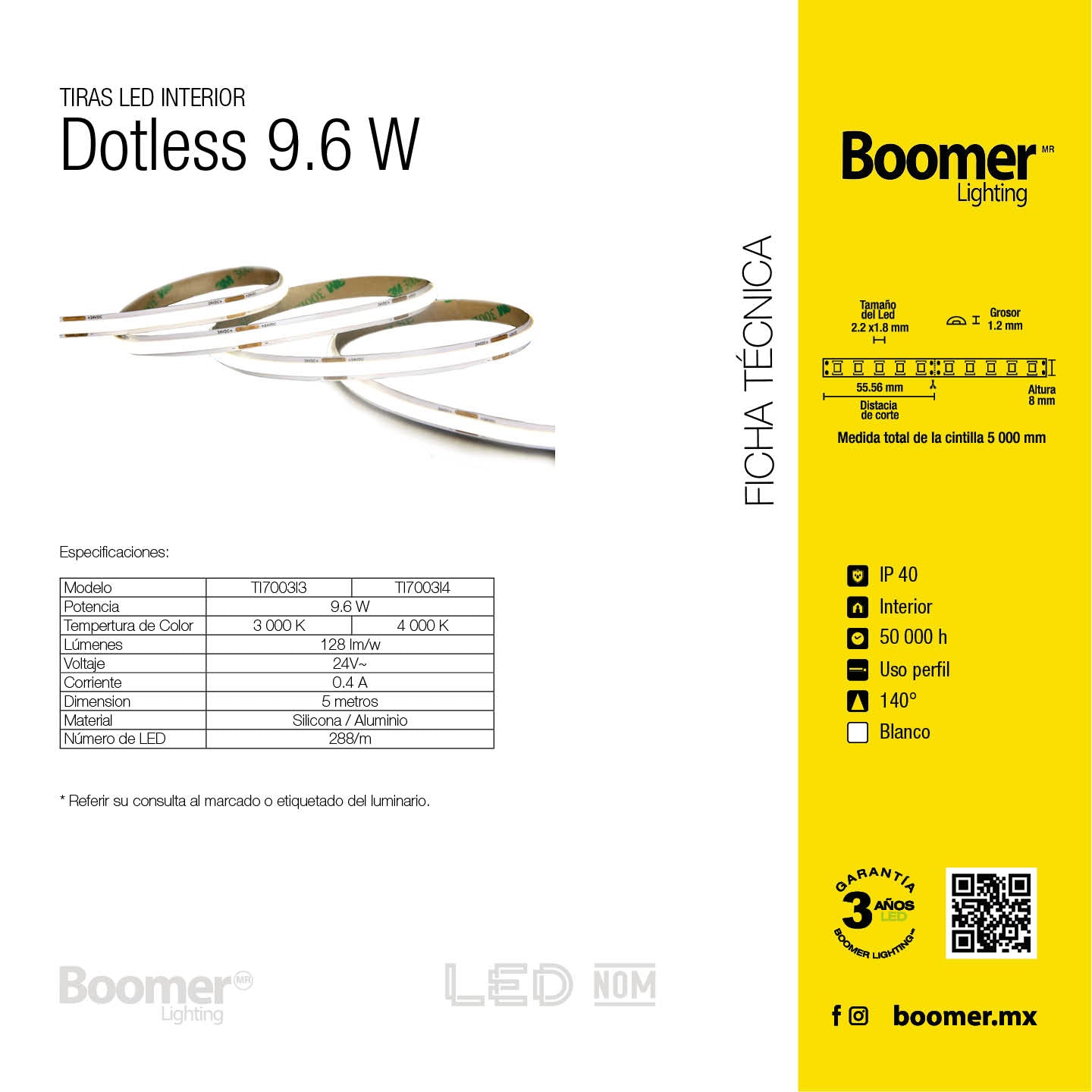 TIRA LED DOTLESS ROLLO 5 METROS, 9.6W, 3000K, 24V, IP40