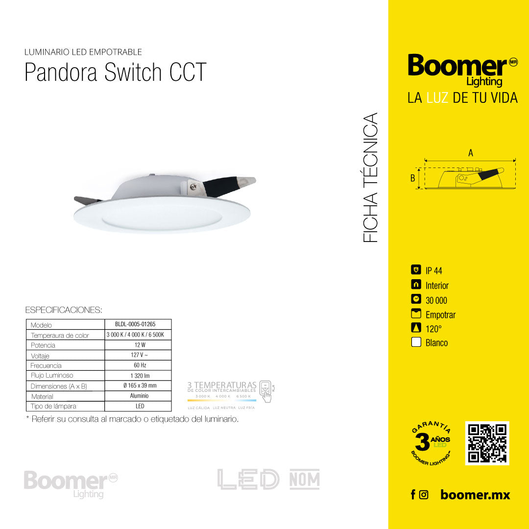 EMPOTRABLE BLANCO 12W, CCT SWITCH, IP44, PARA BOTE, 1320LM