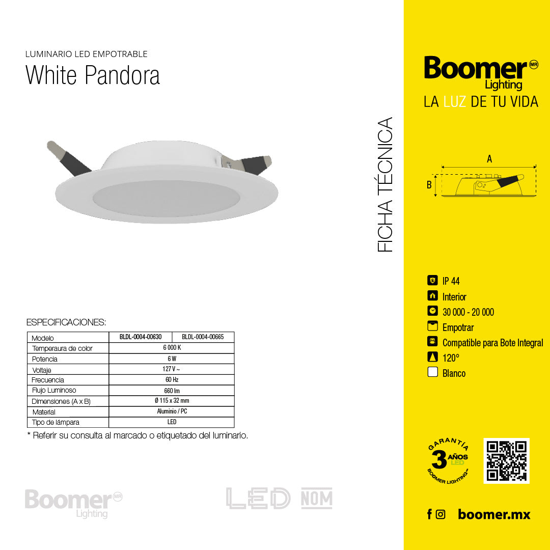 EMPOTRABLE BLANCO 6W, LUZ FRÍA, IP44, PARA BOTE, 660LM, AL