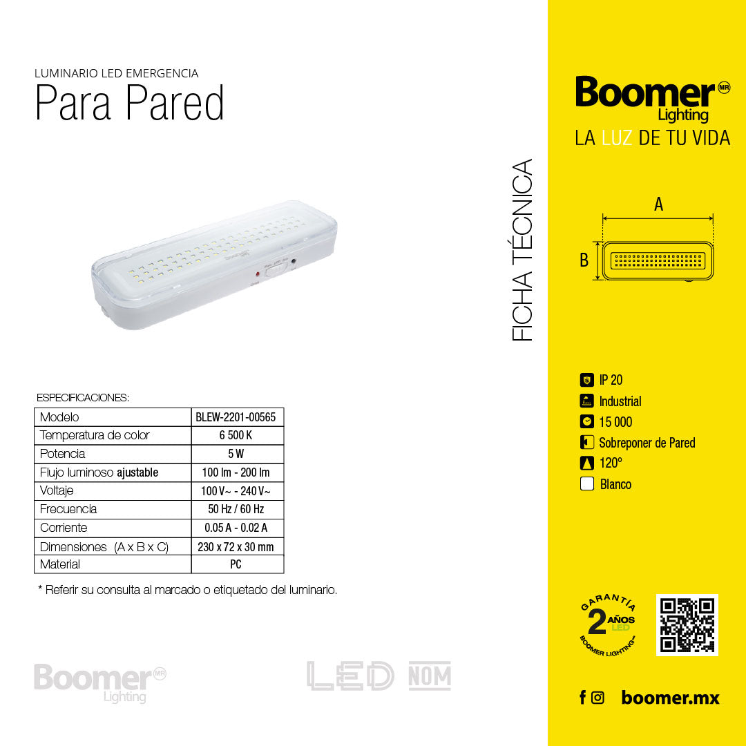 LÁMPARA DE EMERGENCIA, 5W, RECARGABLE, INTERIOR, 200LM