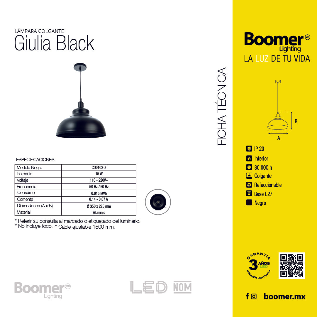 LÁMPARA COLGANTE GIULIA NEGRO, 15 W, BASE E27, INTERIOR, AL