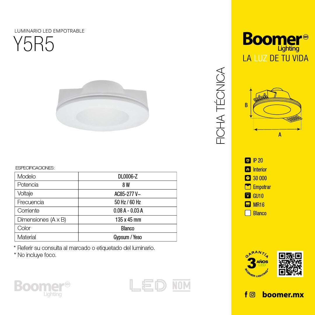 MARCO EMPOTRABLE Y5R5 DE YESO PARA FOCO LED, 8W, BASE MR16