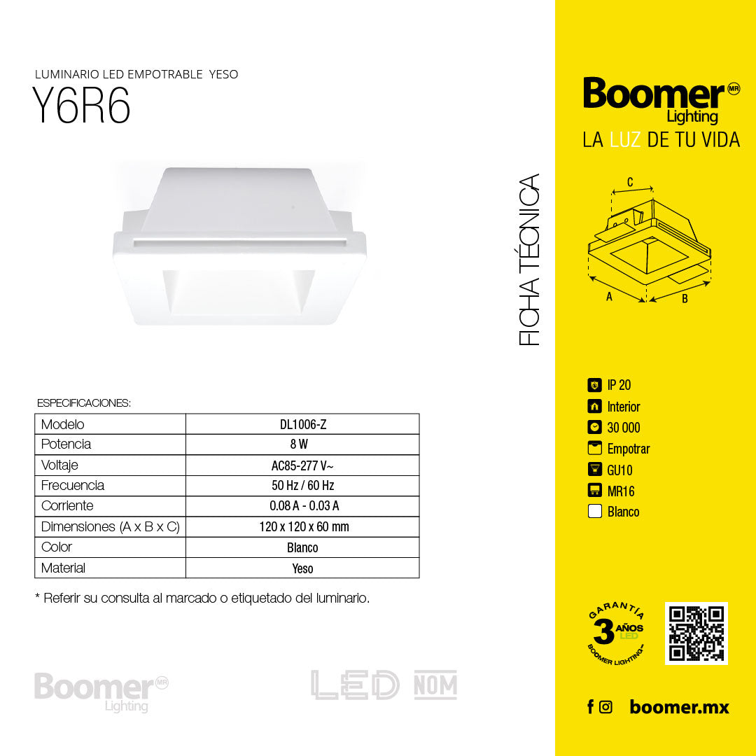 MARCO EMPOTRABLE Y6R6 DE YESO PARA FOCO LED, 8W, BASE MR16