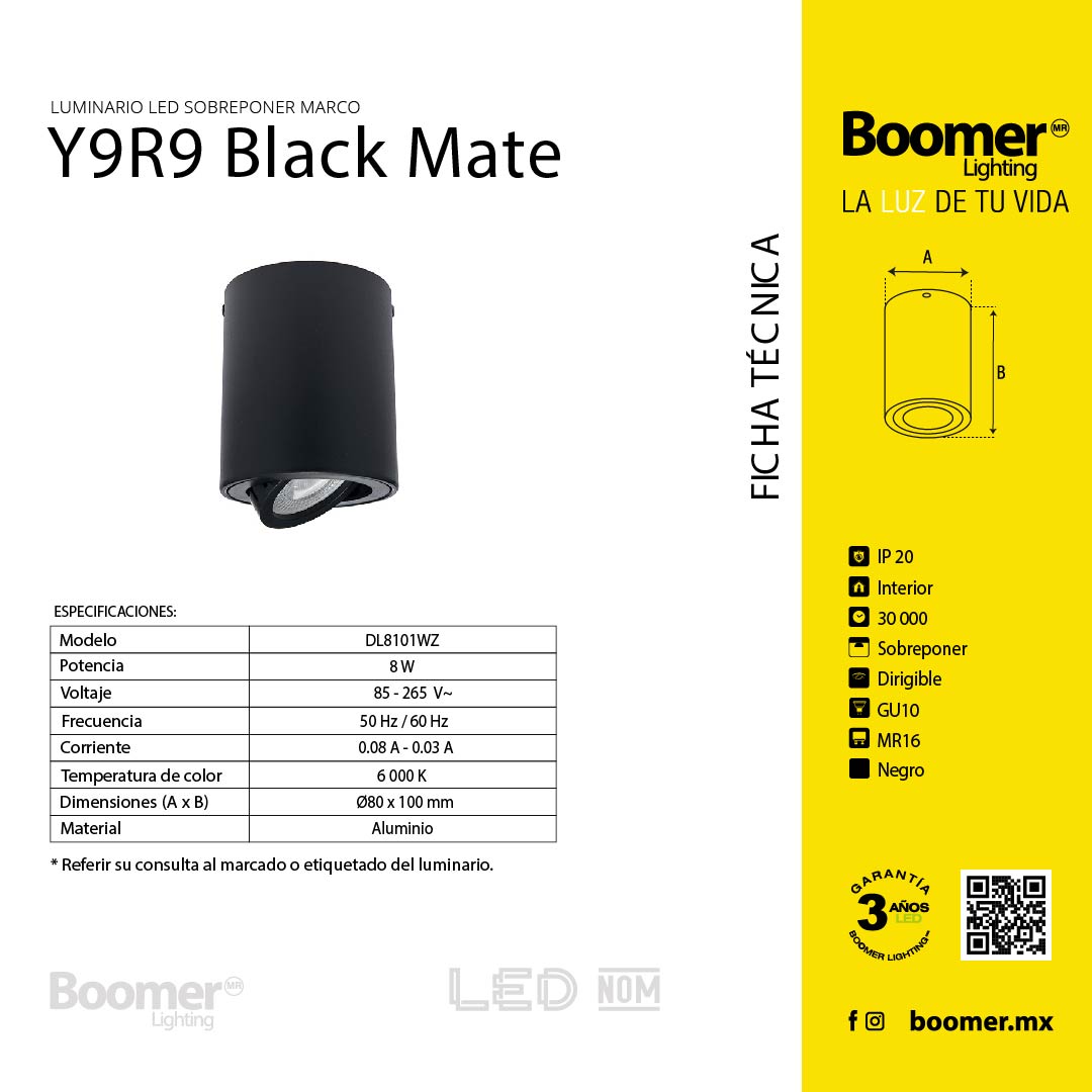 MARCO SOBREPONER NEGRO Y9R9, FOCO LED, 6.5W, BASE MR16