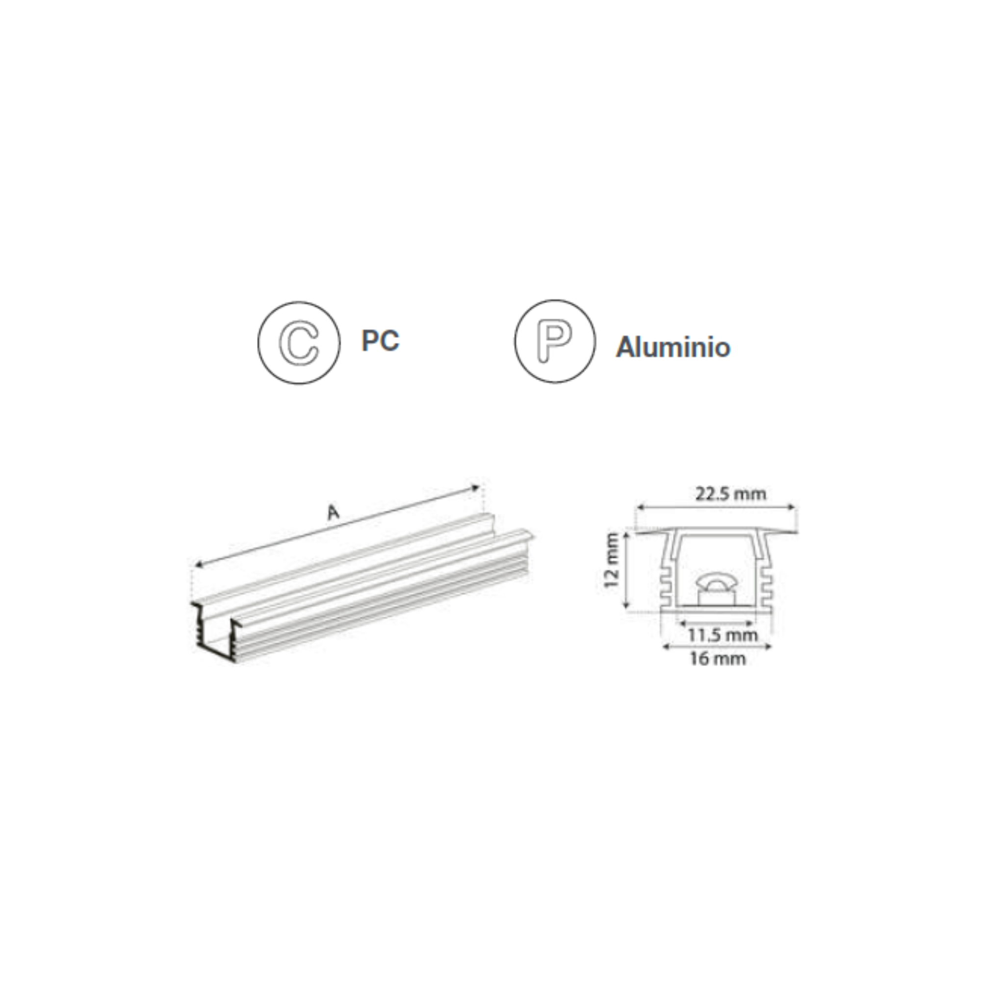 PERFIL EMPOTRABLE PLATA CON CEJA R PARA TIRA, 2M, IP44, AL