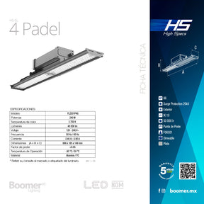 LUMINARIO PARA CANCHA DE PADEL, 240W, 5700K, 40000LM, IK10