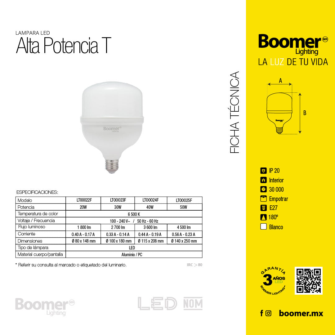 FOCO LED ALTA POTENCIA T V2, 20W, LUZ FRÍA, 1800 LM