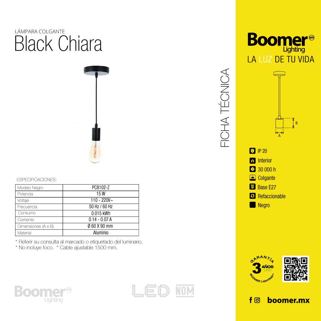 SOCKET COLGANTE BLACK CHIARA PARA FOCO BASE E27, 15 W