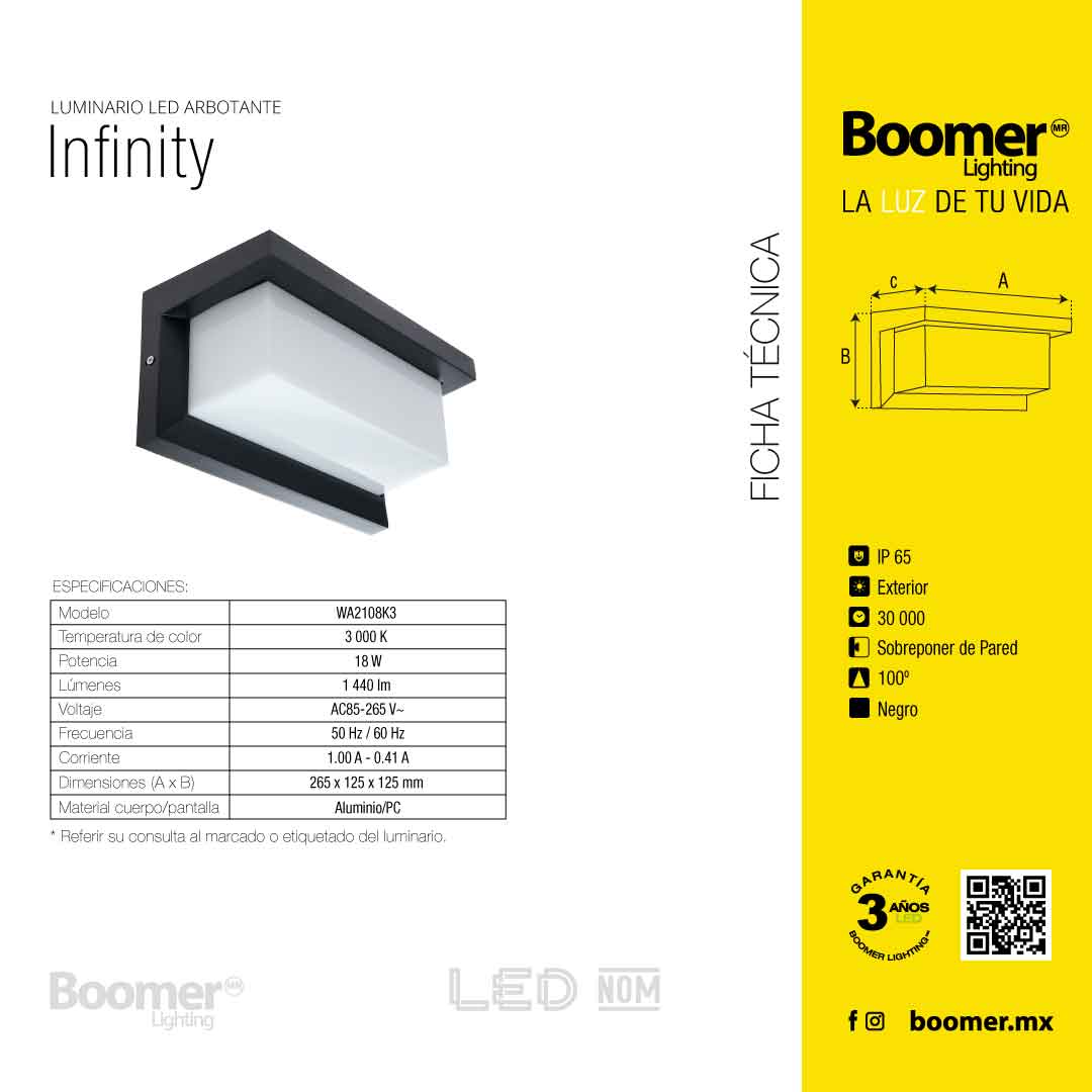 ARBOTANTE PARA PARED INFINITY 18W, LUZ CÁLIDA, 1440LM, EXT.