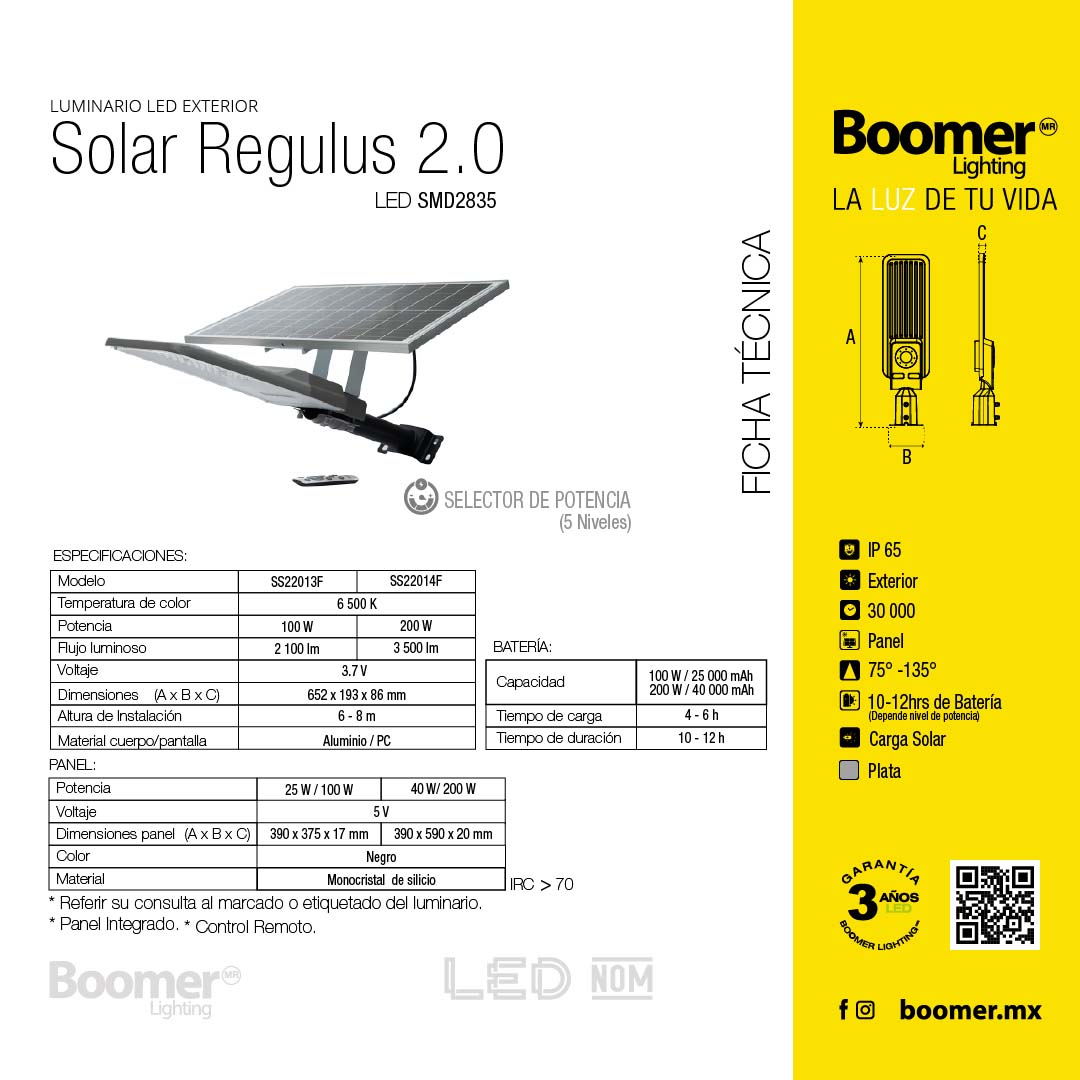 LUMINARIA EXTERIOR CON PANEL SOLAR REGULUS, 200W, LUZ FRÍA